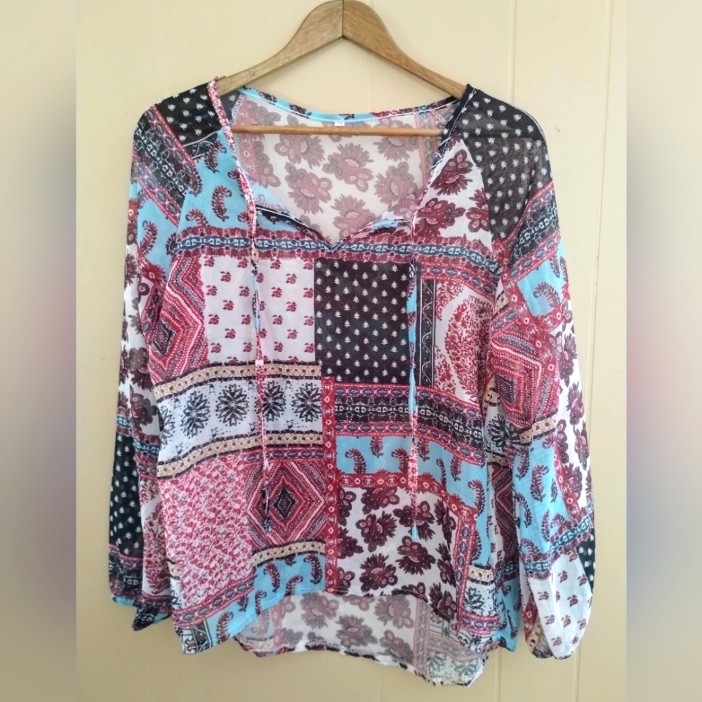 Boho patchwork print sheer long sleeve top size M, loose fit gathered wrists tie